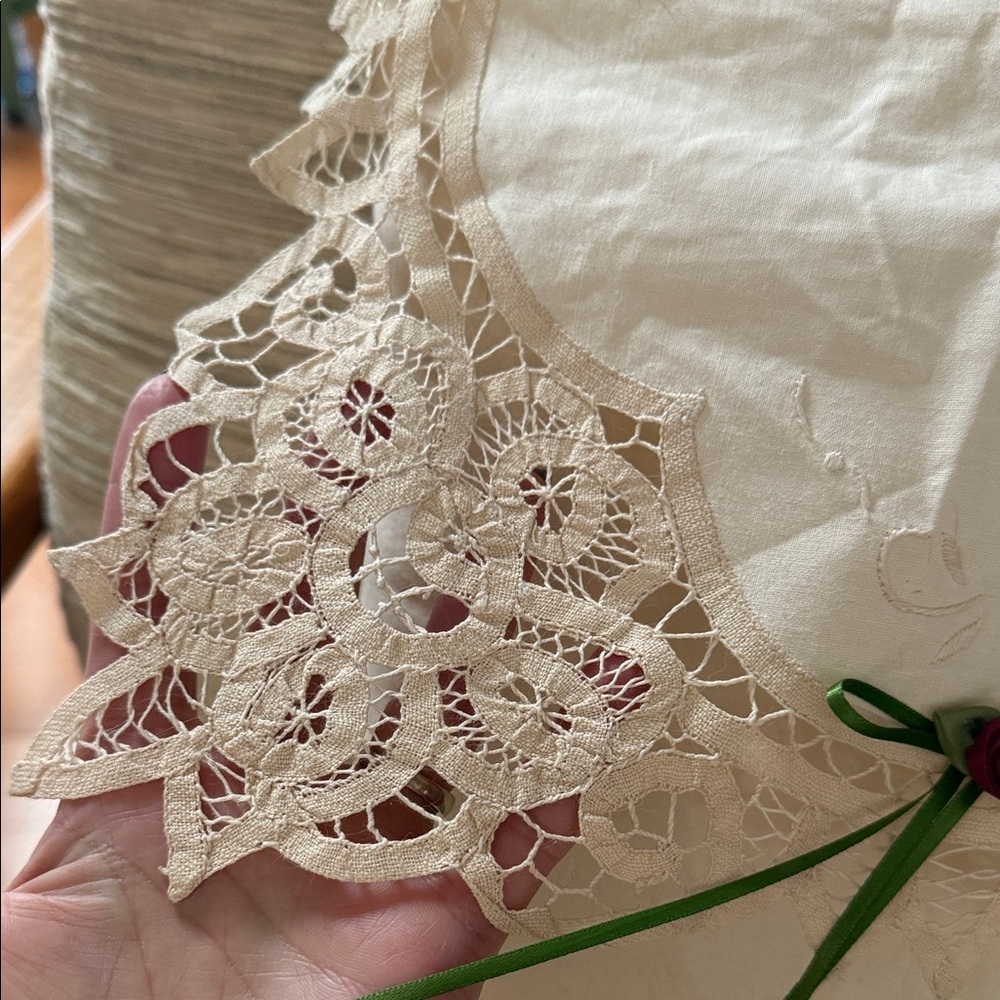 Lace Accent Pillow with Green Ribbon handmade charming cottage country decor - Picture 5 of 7